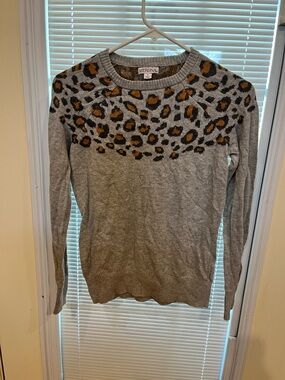 Merona Gray Leopard Print Yoke Sweater with Mustard Accents